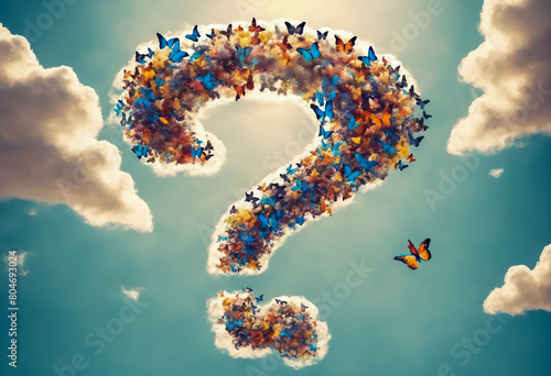 Question mark on blue sky with butterflies.
