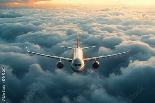 Aerodynamic Airplane flies clouds transport. Turbine speed. Generate Ai