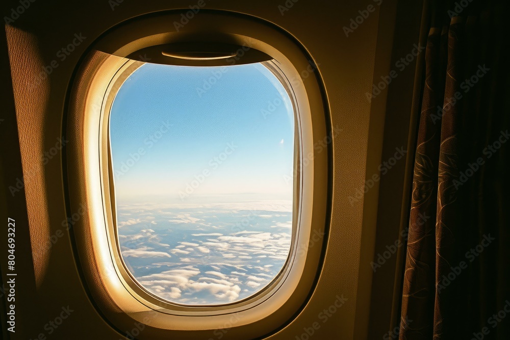 Fototapeta premium Sturdy Airplane window. Travel view interior. Generate Ai