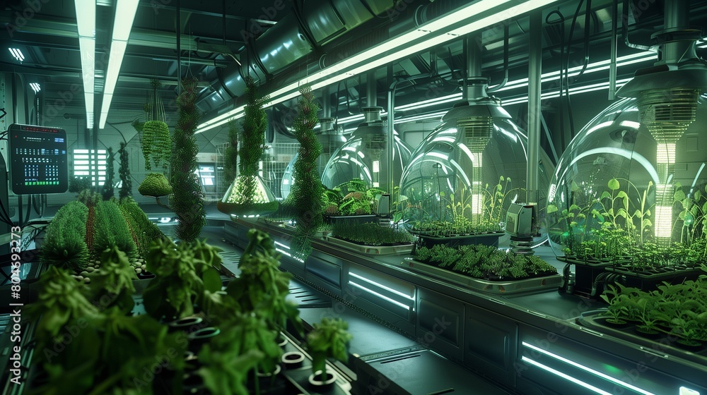 A futuristic biotech facility featuring towering bioreactors cultivating a variety of genetically engineered crops under controlled conditions.