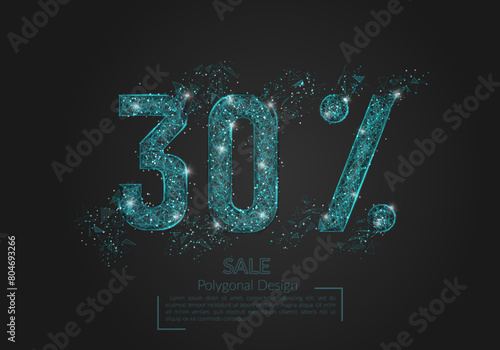 Abstract isolated blue 30 percent sale concept. Polygonal illustration looks like stars in the black night sky in space or flying glass shards. Digital design for website, web, internet.