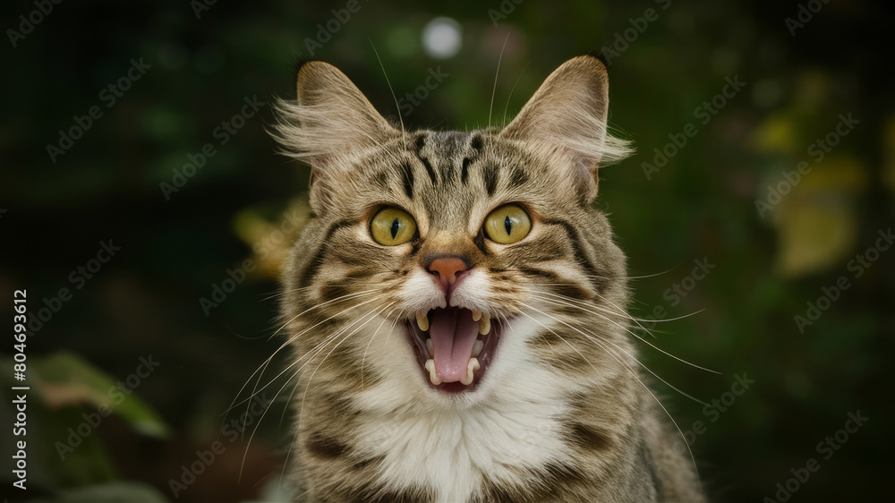 Surprised cat with open mouth against a green nature background, expression of amazement and wonder