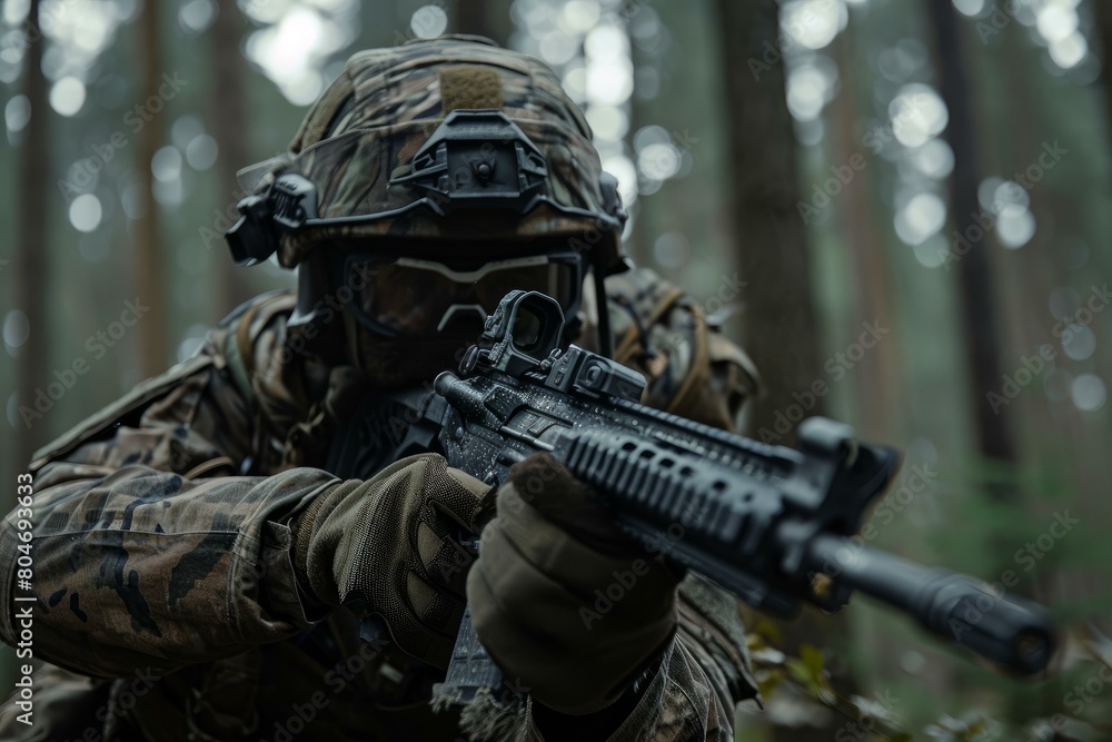 Camouflaged Airsoft player forest. Military helmet. Generate Ai Camouflaged Airsoft player forest. Military helmet. Generate Ai