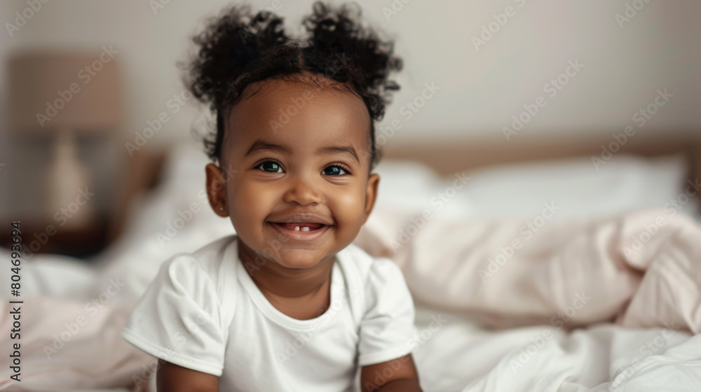 Portrait of a little happy African American woman lying on the bed. A smiling child looks at the camera and has fun on a snow-white bed. Childhood concept. Portrait of a little happy African American woman lying on the bed. A smiling child looks at the camera and has fun on a snow-white bed. Childhood concept.
