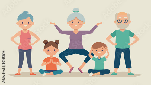 A group of grandparents gently guiding their grandchildren in beginner yoga poses.. Vector illustration