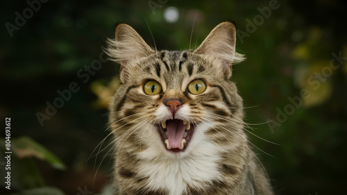 Surprised cat with open mouth against a green nature background, expression of amazement and wonder