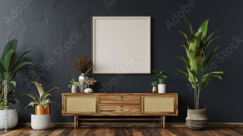 Mockup frame on wood cabinet in living room interior on empty dark wall background.