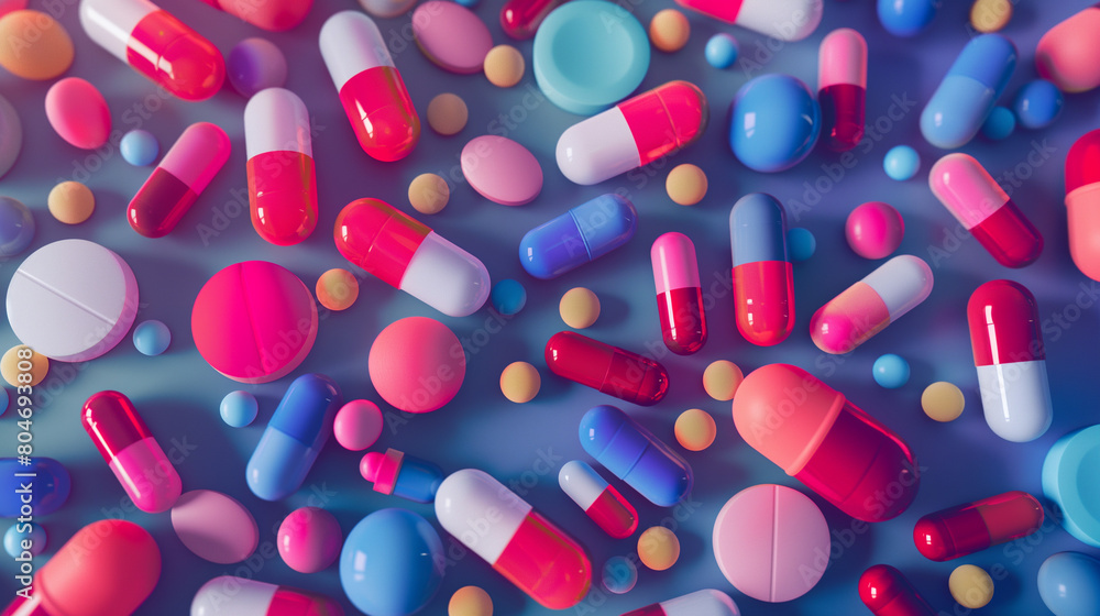 Bright colorful medical pills on blue background Bright colorful medical pills on blue background