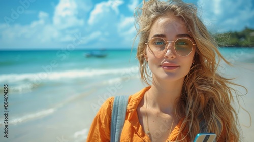 Woman Standing on Beach Using Cell Phone