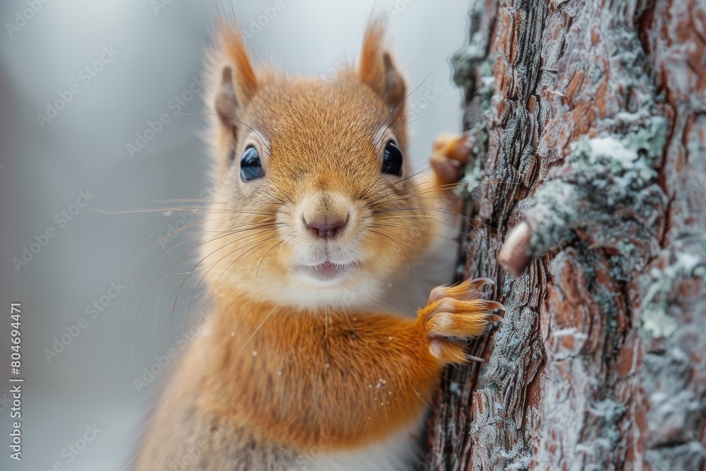 Fototapeta premium Close-up image of a cute, curious red squirrel peeking behind winter snow-covered tree bark, looking into the camera