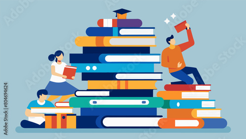 A stack of borrowed books as members eagerly swap and recommend titles to add to each others Revolutionary War reading lists.. Vector illustration