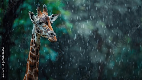 A serene giraffe's head is framed against a soft-focus, rain-drenched backdrop, highlighting the peacefulness of the scene