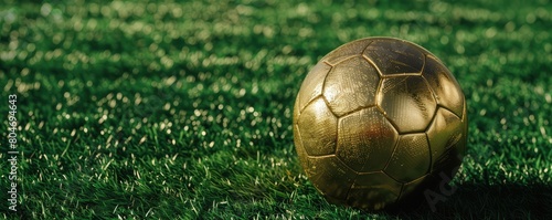 gold soccer ball rests on vibrant green grass  highlighted by the sun s ethereal glow.