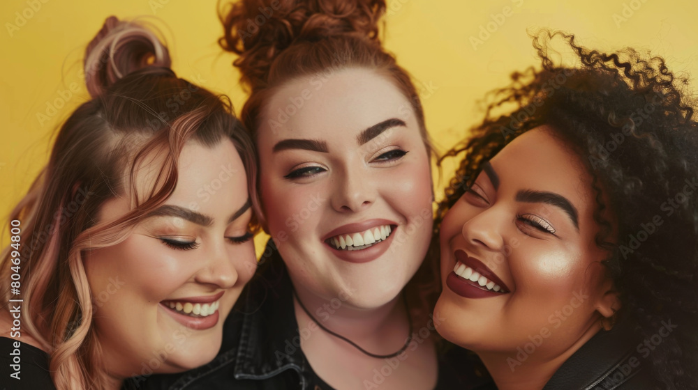 Portrait of multiethnic plus size women having fun on yellow background. A group of girlfriends in stylish clothes are smiling and posing outdoors. Lifestyle. Portrait of multiethnic plus size women having fun on yellow background. A group of girlfriends in stylish clothes are smiling and posing outdoors. Lifestyle.