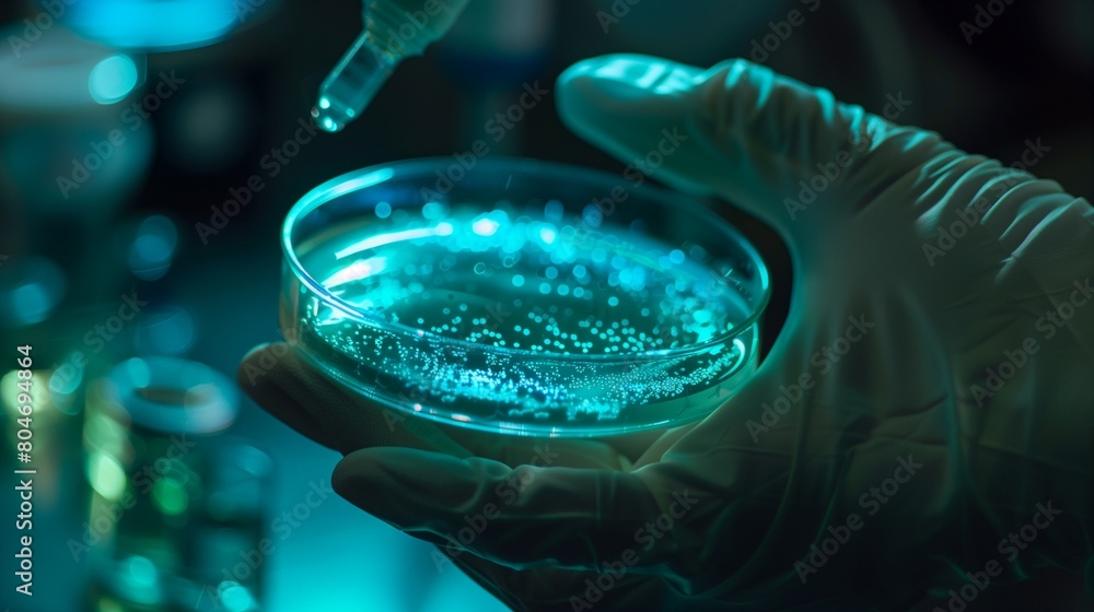 A scientist examining a petri dish filled with glowing bioluminescent bacteria, unlocking the secrets of microbial communication. A scientist examining a petri dish filled with glowing bioluminescent bacteria, unlocking the secrets of microbial communication.