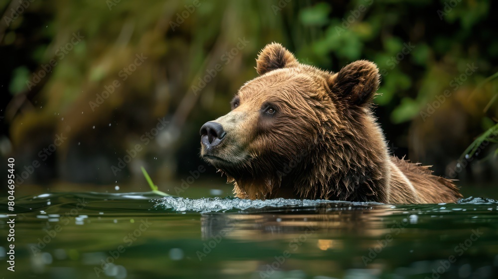 A serene image of a grizzly bear swimming in calm waters, with focused eyes and water droplets captured in detail A serene image of a grizzly bear swimming in calm waters, with focused eyes and water droplets captured in detail