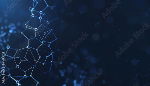 Dark navy blue background with minimal high-tech molecule illustration small polygonal shapes interconnected in a clean, modern design.