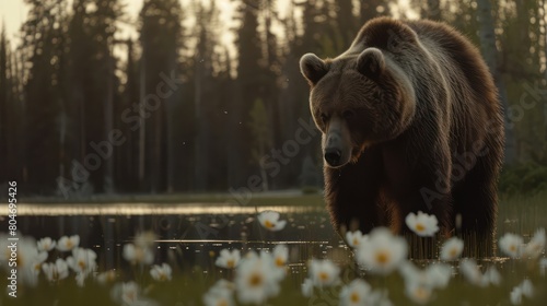 A majestic brown bear stands amid blooming white wildflowers during golden hour sunlight photo