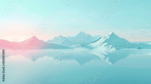 A tranquil scene of snow-covered mountains reflected perfectly in a serene, glassy water surface, invoking a sense of calm and peace