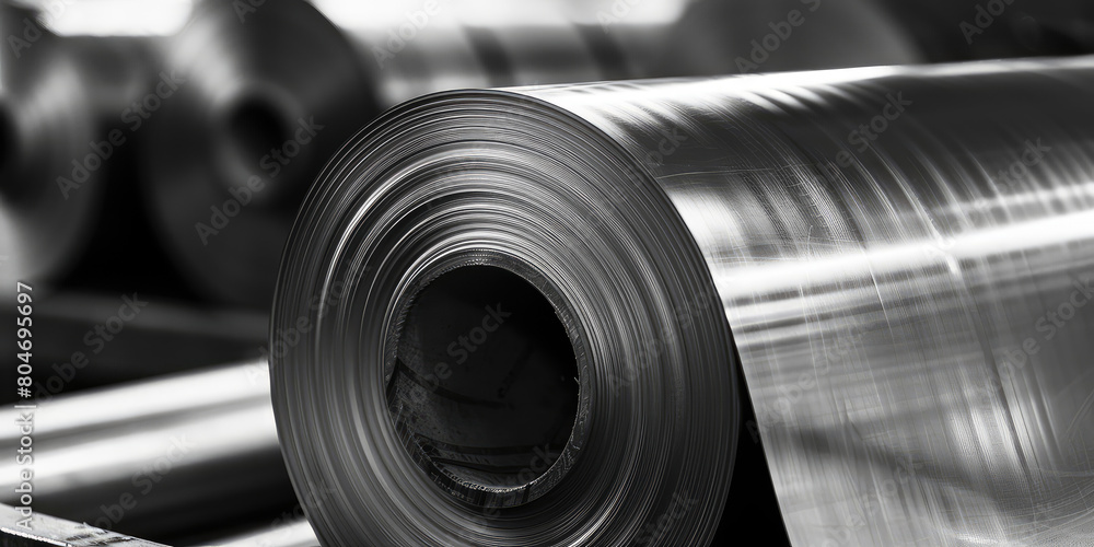 Close-up roll of stainless steel, background with copy space. Roll of thin metal sheets in a factory, industry and production. Close-up roll of stainless steel, background with copy space. Roll of thin metal sheets in a factory, industry and production.