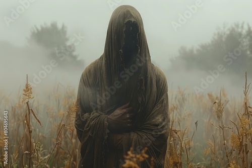 A ghostly figure draped in cloth is enfolded by a blanket of fog within a cornfield, evoking a narrative of mystery and haunting allure photo