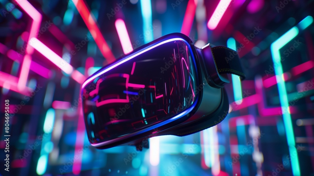 A virtual reality headset suspended mid-air, casting vibrant holographic images into a darkened room. A virtual reality headset suspended mid-air, casting vibrant holographic images into a darkened room.