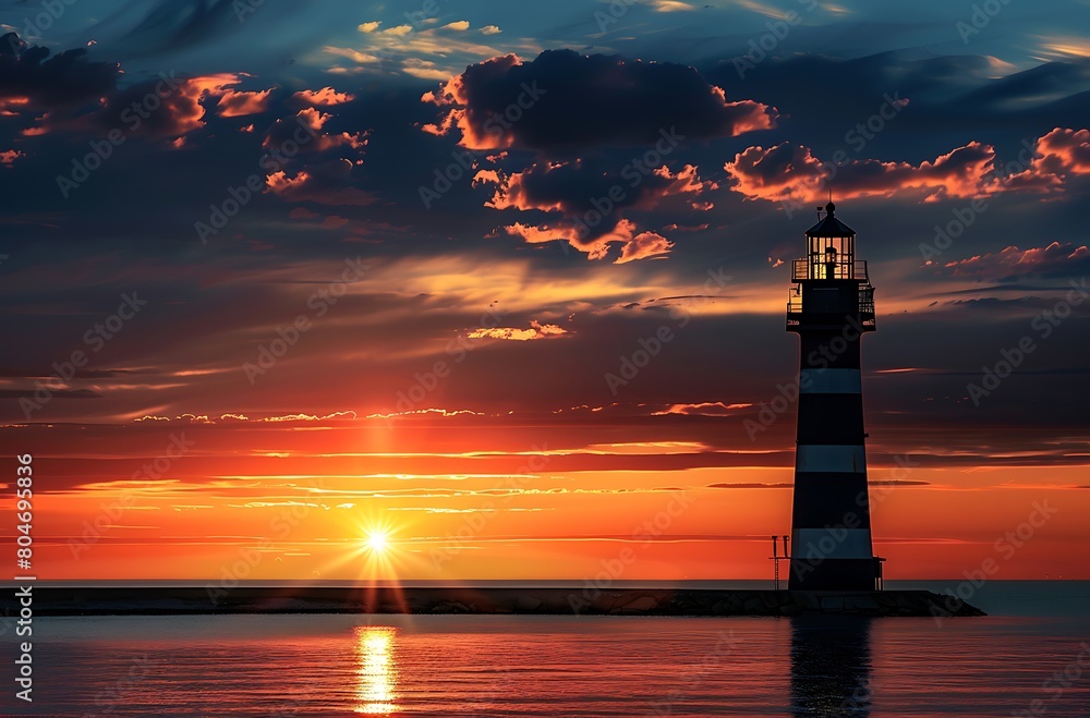 A lighthouse stands tall against the backdrop of an orange and blue sky