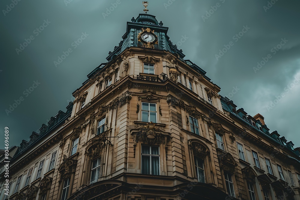 old building in Vienna, with a clock on top and a dark grey sky behind the facade
