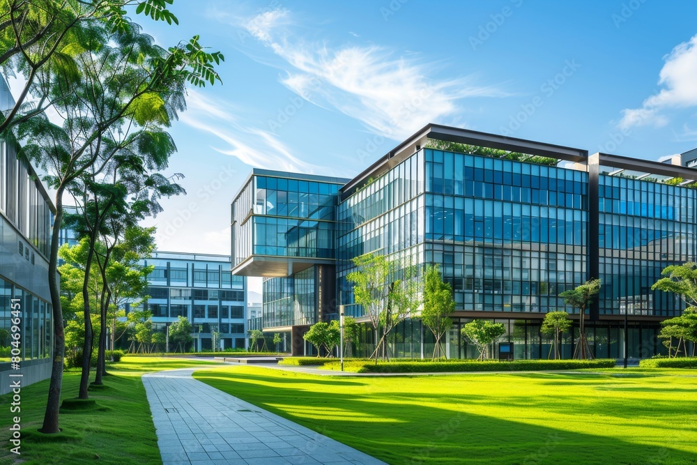 Modern university campus with glass buildings and green lawns, panoramic view of the building complex on a sunny day Generative AI Modern university campus with glass buildings and green lawns, panoramic view of the building complex on a sunny day Generative AI