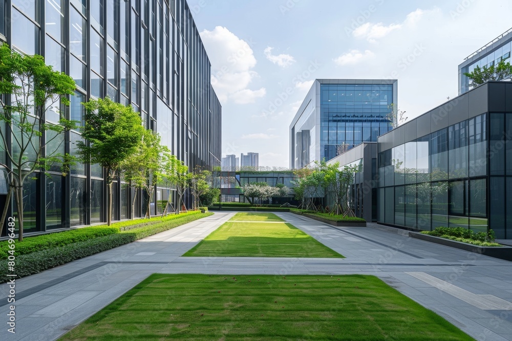 Modern office buildings with green lawns, low-rise architecture Generative AI Modern office buildings with green lawns, low-rise architecture Generative AI