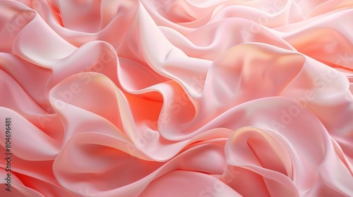 3d render, abstract background of folded ribbons layers. Minimalist fashion wallpaper of pale pink silk ruffle