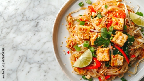 Pad Thai with tofu, noodles, and mixed vegetables served in ceramic bowl. Traditional Thai dish with lime and peanuts. Concept of healthy eating, vegetarian cuisine, Asian culinary tradition. Top view