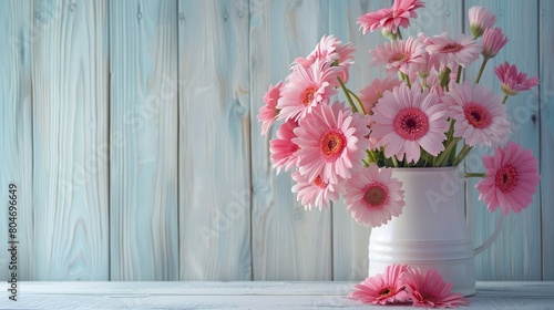 Create a beautiful arrangement of pink flowers against a rustic white wooden backdrop perfect for Valentine s Day Mother s Day or any occasion celebrating women This elegant still life capt photo