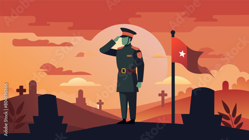 Solemn Salute A touching portrayal of a soldier saluting at a grave site during a sunset memorial service with a flag flying at halfmast in the. Vector illustration