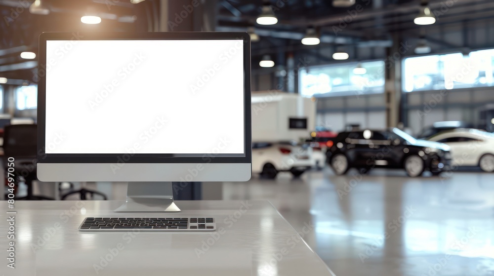 Naklejka premium An elegant contemporary desktop with a white blank screen situated inside a vibrant car showroom highlighting new model vehicles