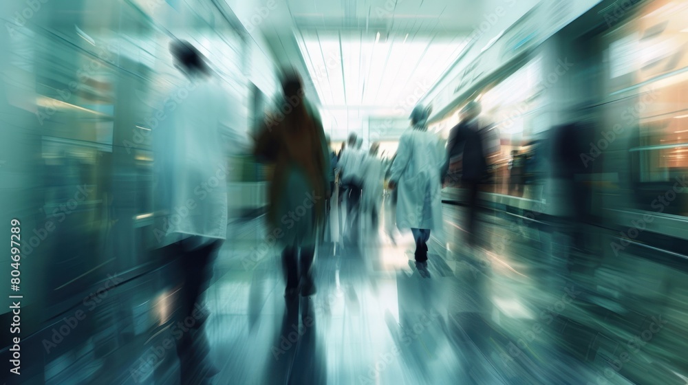 Blurred motion of medical worker walking in hospital room