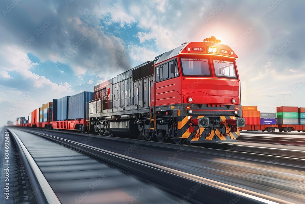 Fototapeta premium Global business of Container Cargo freight train for Business logistics concept, Air cargo trucking, Rail transportation and maritime shipping, Online goods orders worldwide
