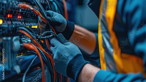 Close up of fiber optic connection repairs and maintenance performed by internet technicians