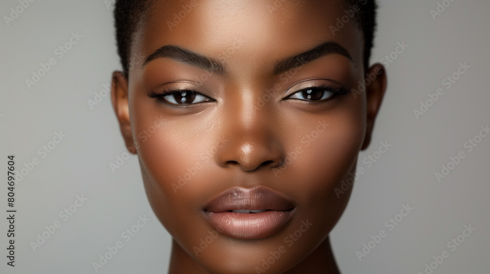 Close-up portrait of a young woman with flawless skin and natural makeup, looking directly at the camera. Close-up portrait of a young woman with flawless skin and natural makeup, looking directly at the camera.