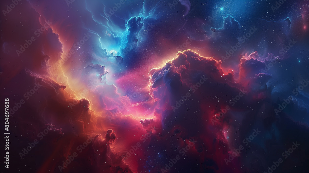 Vibrant cosmic clouds in a nebula with a blend of blue, pink, and orange hues, creating a surreal and mystical space scene.