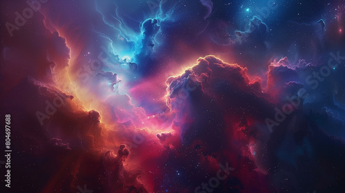 Vibrant cosmic clouds in a nebula with a blend of blue, pink, and orange hues, creating a surreal and mystical space scene. © Another vision