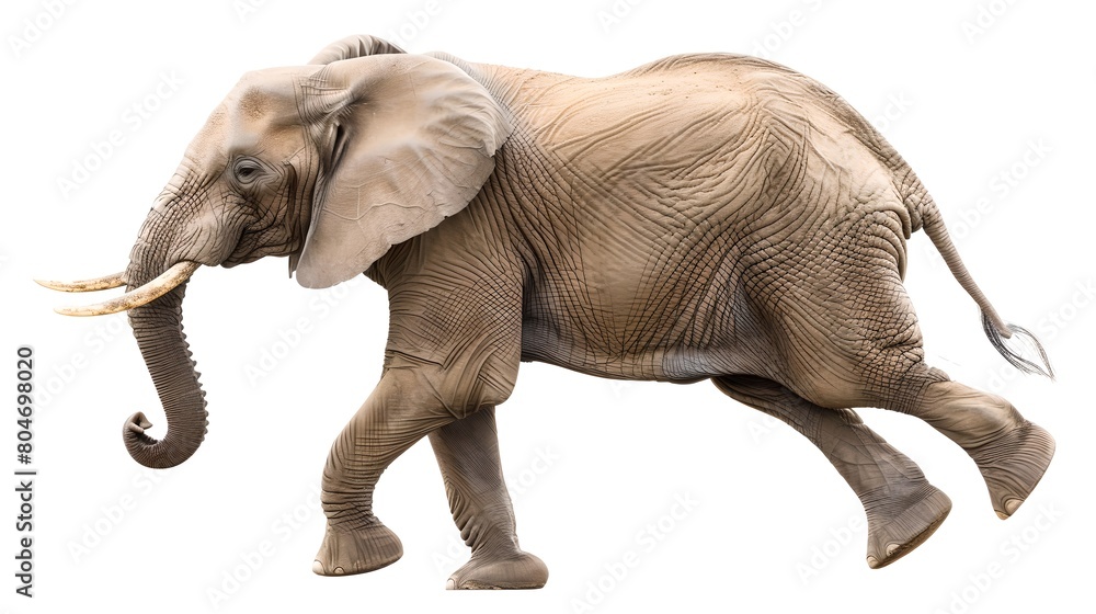 Majestic African Elephant in Motion, Isolated on White Background. Perfect for Educational Material and Wildlife Projects. Photorealistic Image. AI