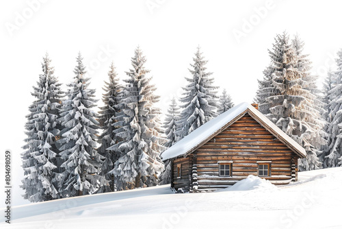 A rustic wooden cabin nestled among tall pine trees in a snowy landscape, isolated on solid white background.