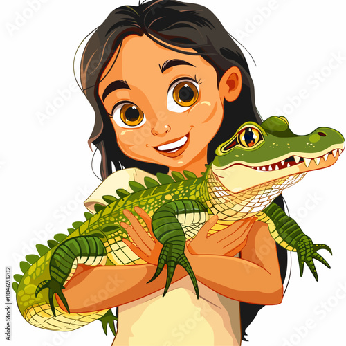 vector girl holding a crocodile on a white background. Generative AI