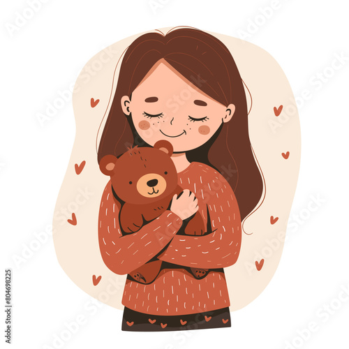 vector girl hugging a teddy bear on a white background. Generative AI