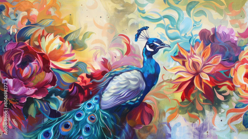 Fototapeta Naklejka Na Ścianę i Meble -  Oil painting of abstract florals and peacock.
