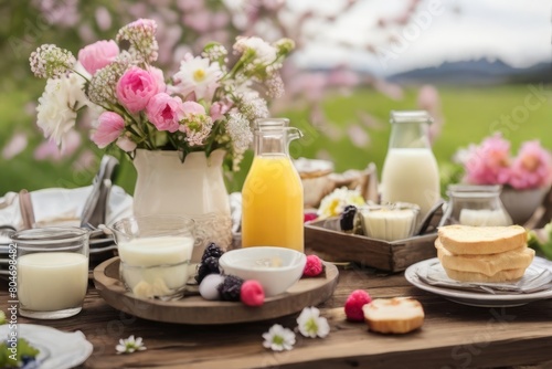 Transport yourself to a rural retreat with a picturesque outdoor brunch spread brimming with fresh dairy produce and delicate blossoms.