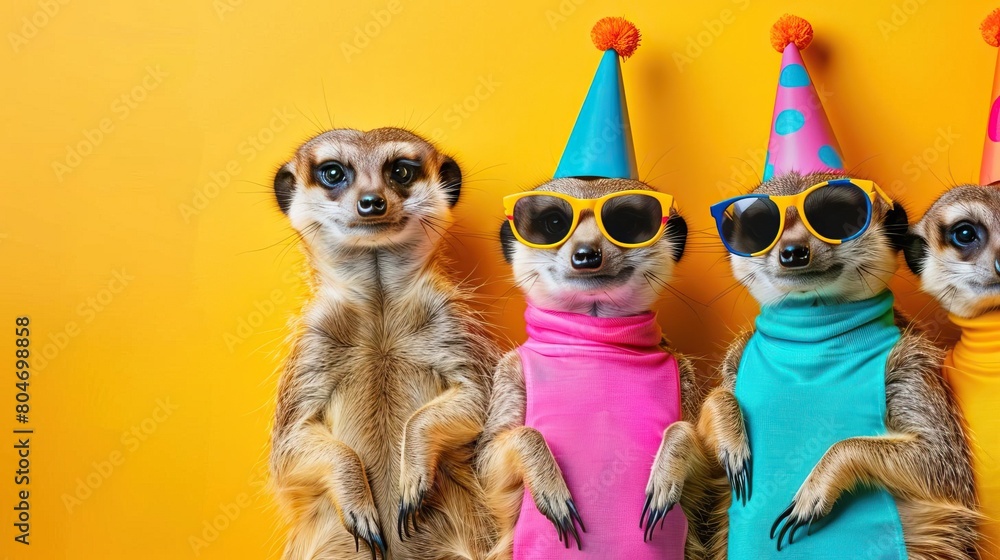 Four meerkats wearing sunglasses and party hats are standing in a row against a yellow background