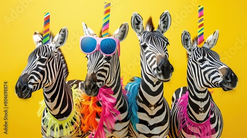 Four zebras wearing party hats and sunglasses, with rainbow unicorn horns. The zebras are against a yellow background.