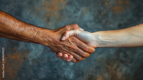 Closeup photo of two hands arms handshake different race multinational friends antiracism issue help together world globe partners relationship immigration photo